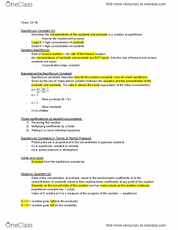 CHEM 102 Lecture Notes - Lecture 16: Reagent, Partial Pressure, Dynamic Equilibrium thumbnail