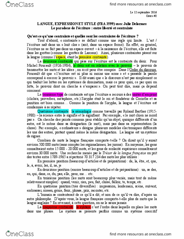 FRA 3599 Lecture Notes - Lecture 2: Roland Barthes, Philosophes, Jean-Paul Sartre thumbnail