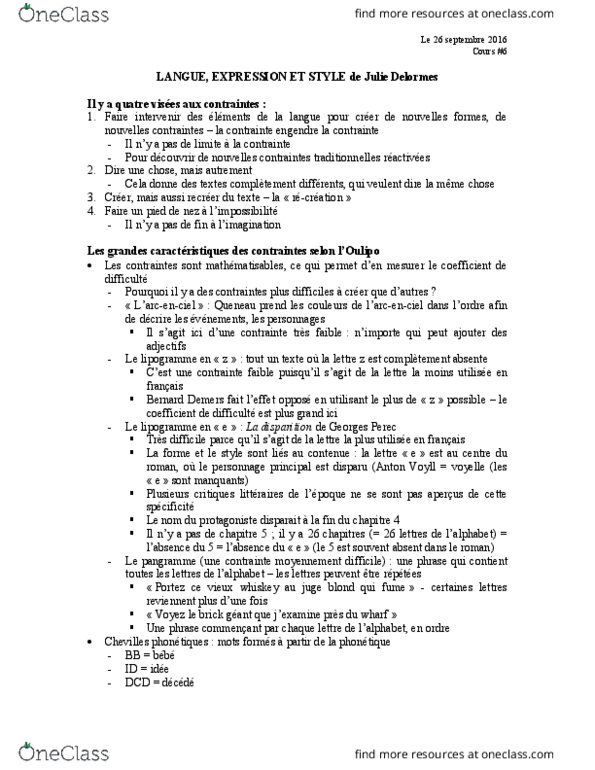 FRA 3599 Lecture Notes - Lecture 6: Georges Perec, Dune, Chapeau thumbnail