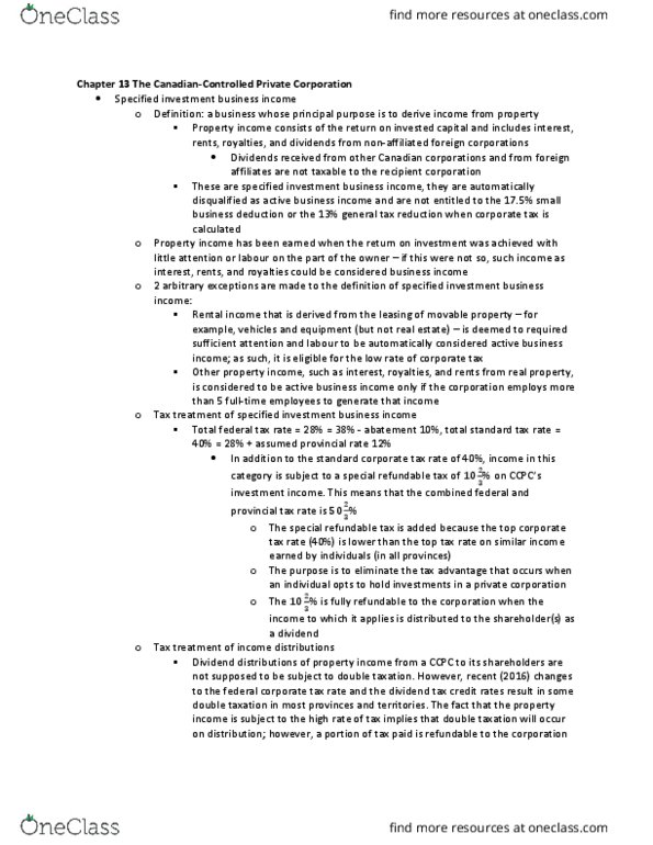 RSM424H1 Chapter Notes - Chapter 13: Double Taxation, Dividend Tax, Privately Held Company thumbnail