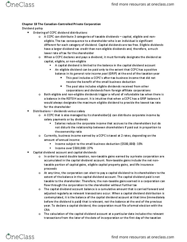 RSM424H1 Chapter Notes - Chapter 13: Dividend Policy, Double Taxation, Privately Held Company thumbnail