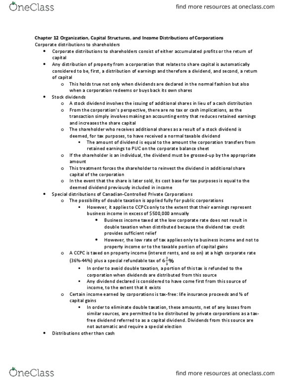 RSM424H1 Chapter Notes - Chapter 12: Dividend Tax, Double Taxation, Life Insurance thumbnail