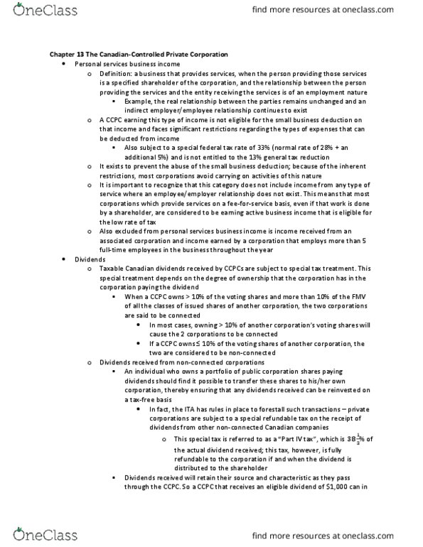 RSM424H1 Chapter Notes - Chapter 13: Privately Held Company, Double Taxation, Investment thumbnail