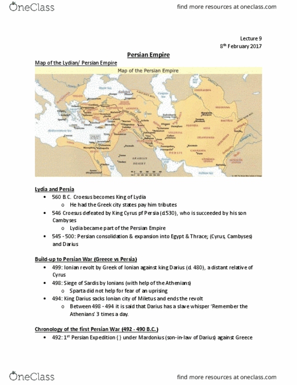 CLCV 1002 Lecture Notes - Lecture 9: Trireme, Ionian Revolt, Cyrus The Great thumbnail