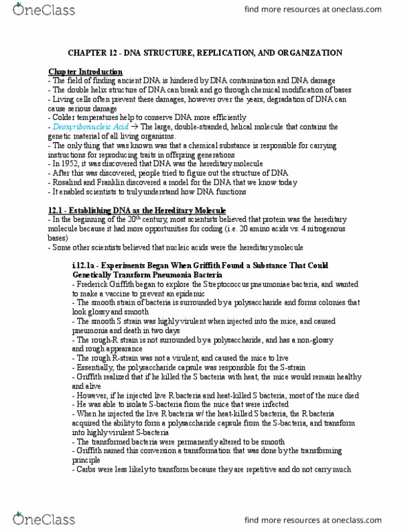 Biology 1202B Chapter Notes - Chapter 12: Euchromatin, Primase, Histone H2A thumbnail