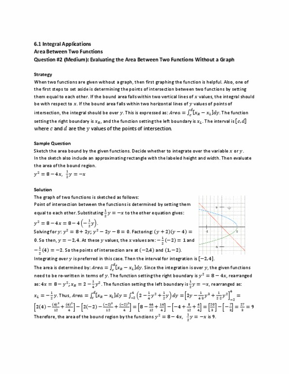 MAT136H1 Lecture : 6.1 Areas Between Curves Question #2 (Medium) thumbnail