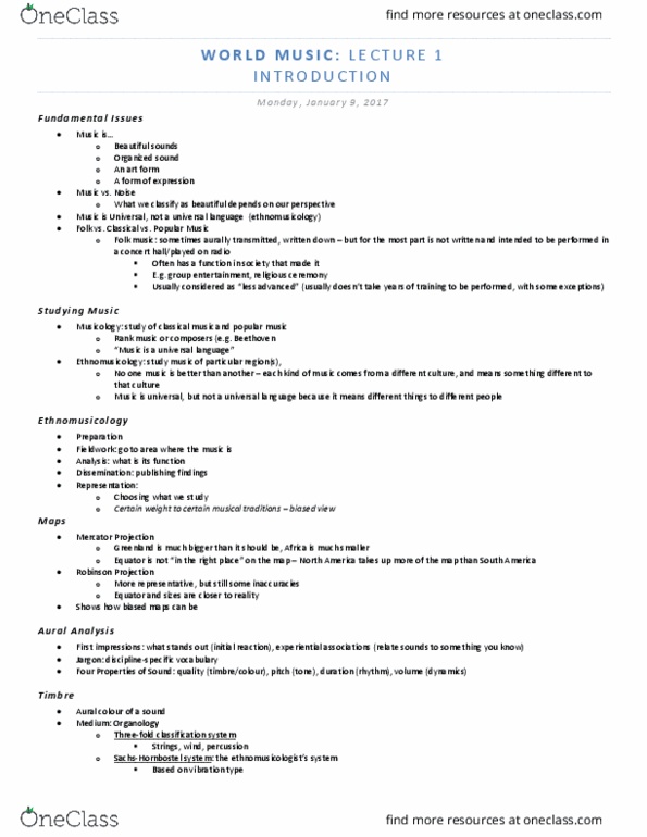 MUS 2382 Lecture Notes - Lecture 1: Noh, Sarod, Homophony thumbnail