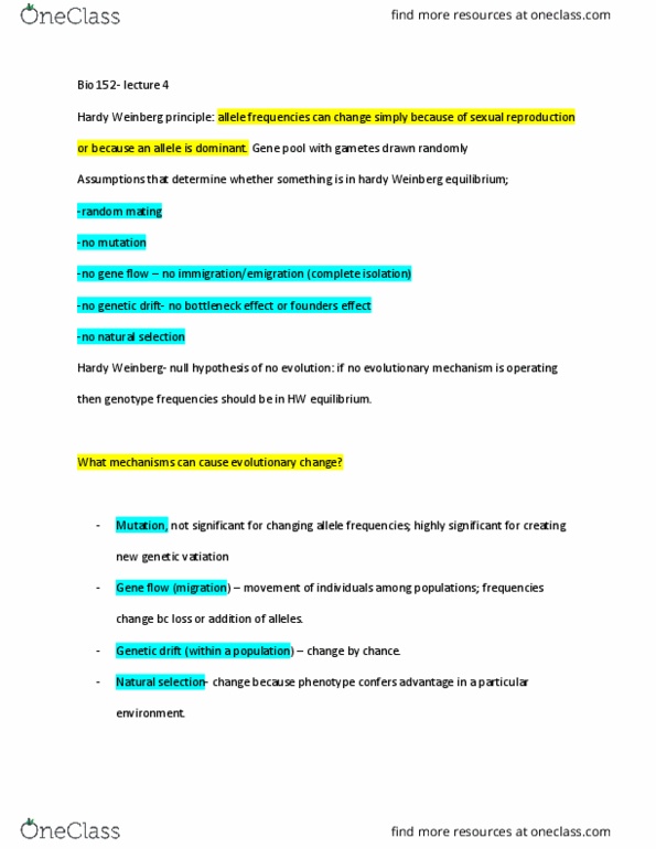 BIOLOGY 152 Lecture Notes - Lecture 4: Meiosis, Allele Frequency, Genetic Drift thumbnail