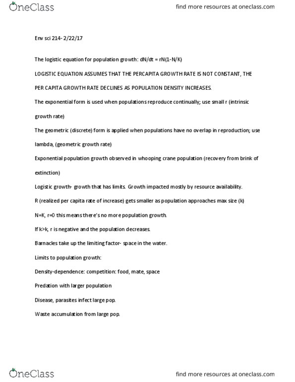 ENVIRSCI 214 Lecture Notes - Lecture 10: Whooping Crane, Logistic Function, Density Dependence thumbnail