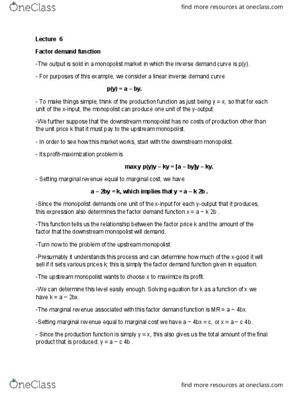 ECON 2350 Lecture Notes - Lecture 6: Inverse Demand Function, Marginal Revenue, Marginal Cost thumbnail