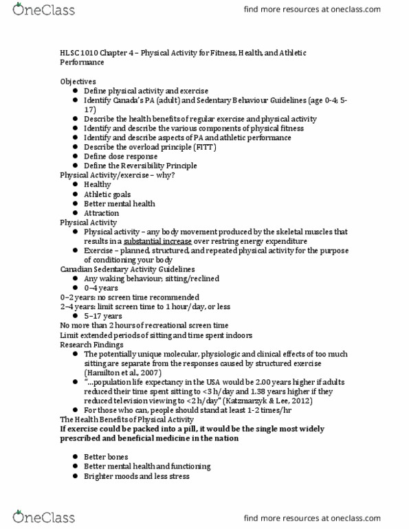 HLSC 1010 Lecture Notes - Lecture 8: Maximum Force, Body Composition, Cardiovascular Fitness thumbnail