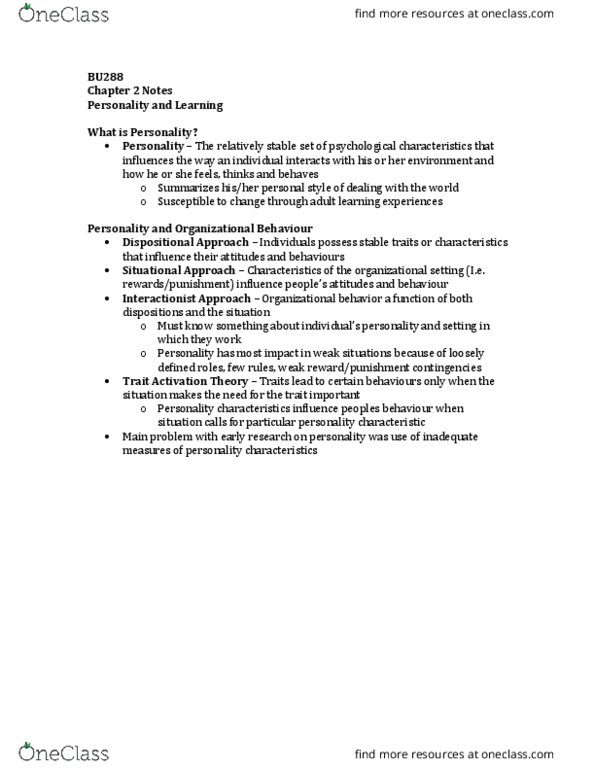 BU288 Chapter Notes - Chapter 2: Reinforcement, Trait Theory, Organizational Behavior thumbnail