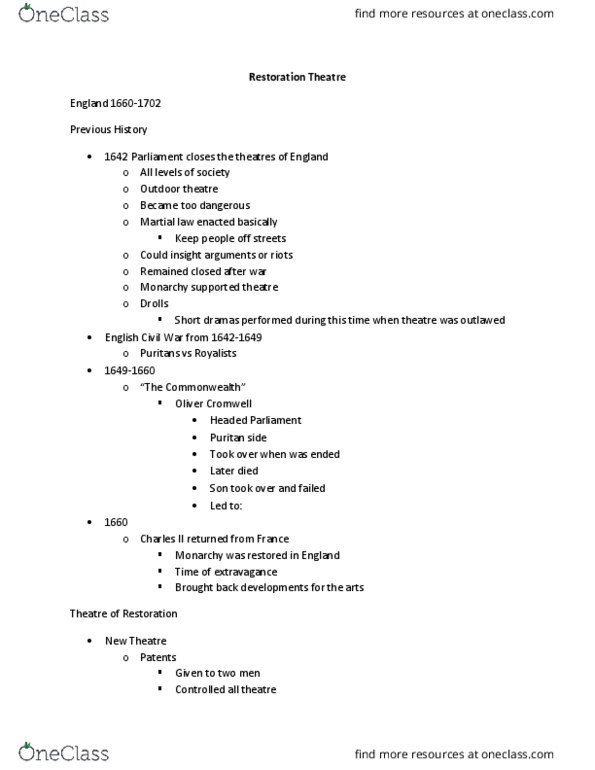 THAR 281 Lecture Notes - Lecture 2: Aphra Behn, Libertine, Proscenium thumbnail