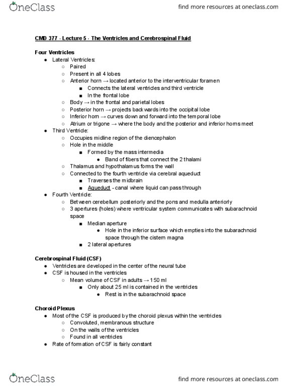 CMD 377 Lecture Notes - Lecture 5: Hydrocephalus, Extracellular Fluid, Meningitis thumbnail