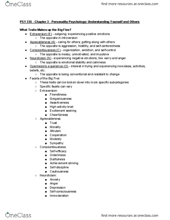 PSY 235 Chapter Notes - Chapter 3: Posttraumatic Stress Disorder, Irritable Bowel Syndrome, Lexical Hypothesis thumbnail