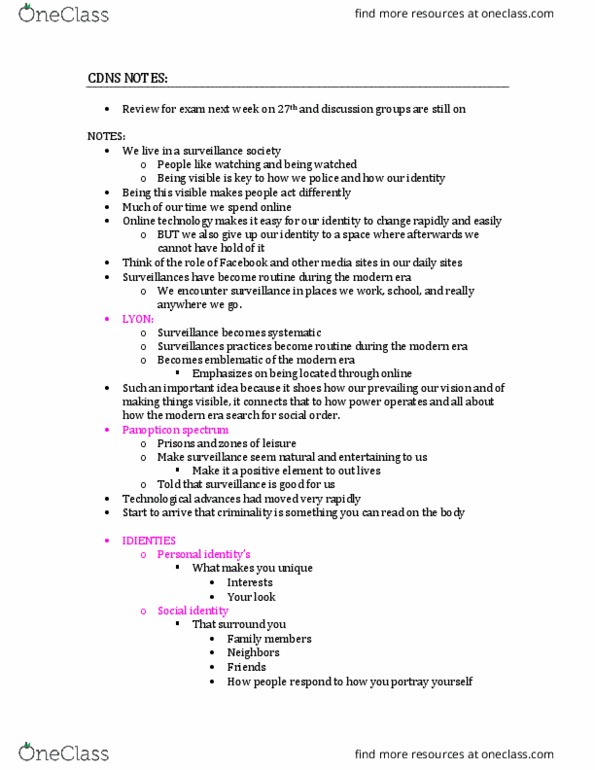 CDNS 1000 Lecture Notes - Lecture 10: Voyeurism, Positive Element, Mass Surveillance thumbnail