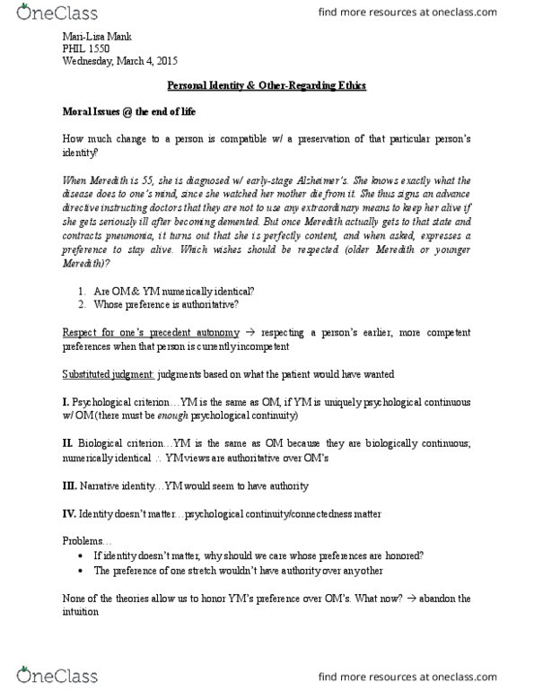 PHIL 1550 Lecture Notes - Lecture 13: If And Only If, Dissociative Identity Disorder, Personal Identity thumbnail