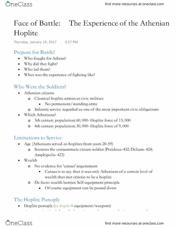CLASSICS 2K03 Lecture 7: Face of Battle The Experience of the Athenian Hoplite thumbnail