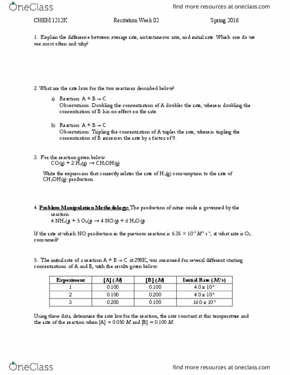 CHEM 1212K Lecture Notes - Lecture 2: Rate Equation, Reaction Rate Constant thumbnail