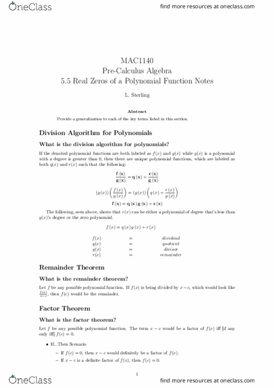 MAC1140 Lecture Notes - Lecture 9: Intermediate Value Theorem, Division Algorithm thumbnail