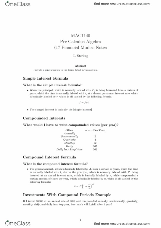 MAC1140 Lecture 15: 6.7 Financial Models Notes thumbnail