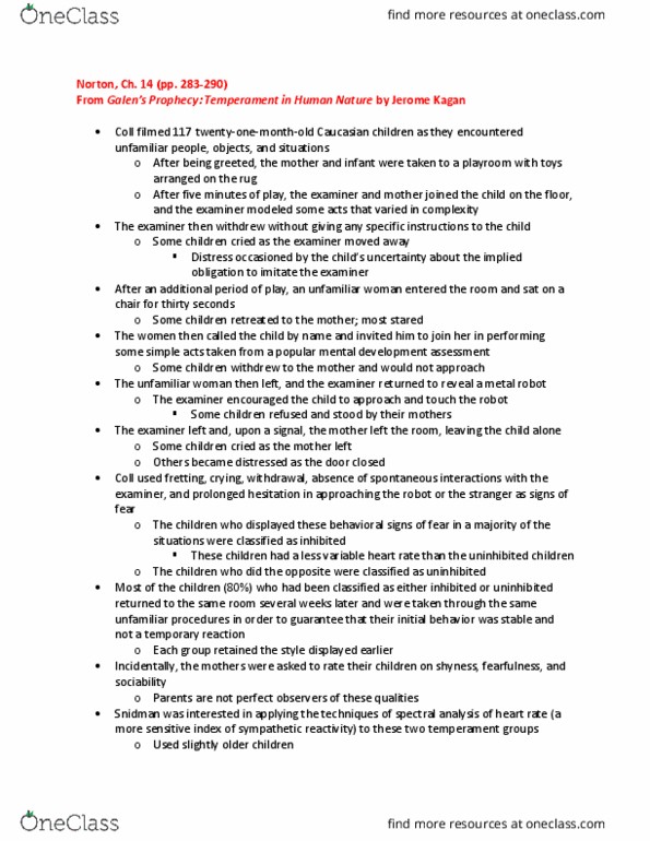 PSY BEH 11C Chapter Notes - Chapter 14: Jerome Kagan thumbnail