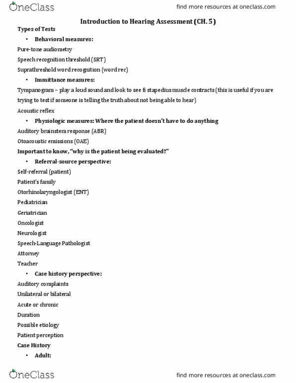 CDIS 3123 Lecture Notes - Lecture 10: Audiogram, Auditory Brainstem Response, Otorhinolaryngology thumbnail