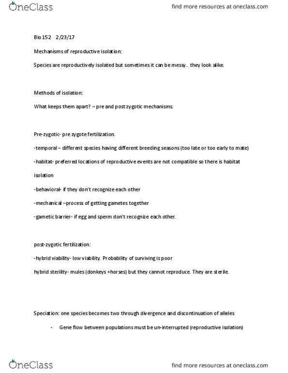 BIOLOGY 152 Lecture Notes - Lecture 8: Allopatric Speciation, Sympatric Speciation, Reproductive Isolation thumbnail