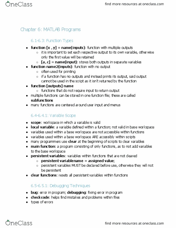 ENG EK 127 Chapter Notes - Chapter 6: Matlab, Local Variable thumbnail