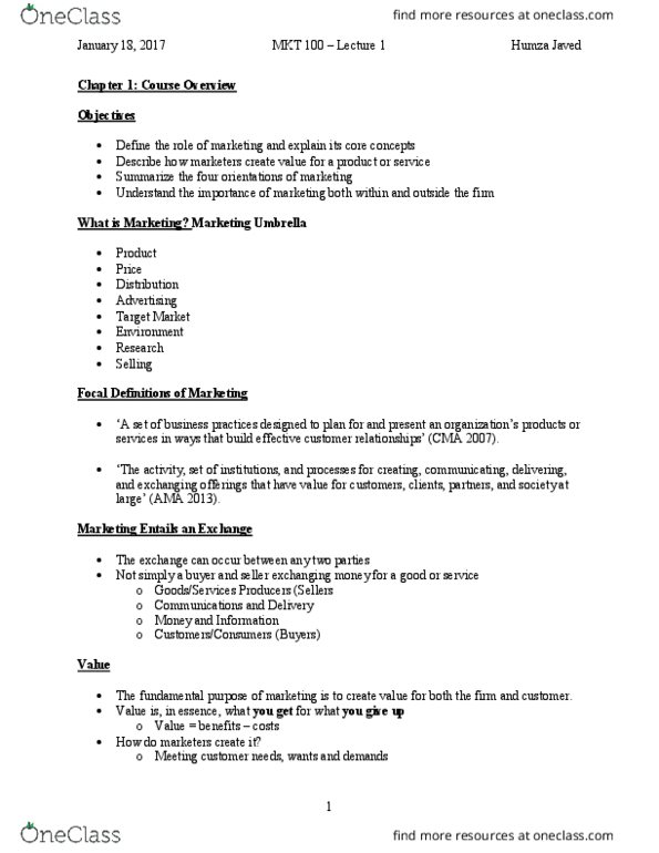 MKT 100 Lecture Notes - Lecture 1: Hillary Clinton, Marketing, Marketing Mix thumbnail