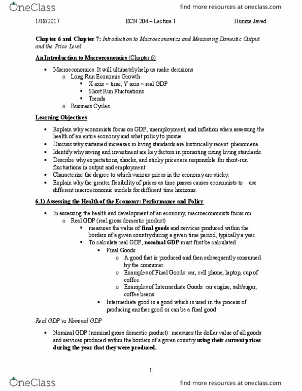 ECN 204 Lecture Notes - Lecture 1: Aggregate Supply, Nominal Rigidity, Final Good thumbnail