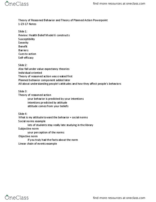 HLTH-2400 Lecture Notes - Lecture 10: Health Belief Model, Theory Of Reasoned Action thumbnail