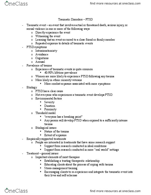 PSYC 238 Lecture Notes - Lecture 8: Eye Movement Desensitization And Reprocessing, Cognitive Processing Therapy, Therapeutic Relationship thumbnail