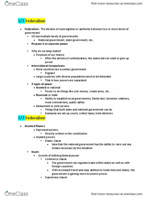 POL 1010 Lecture Notes - Lecture 4: Supremacy Clause, Commerce Clause, Joint Powers Authority thumbnail