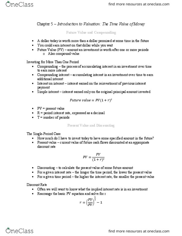 Management and Organizational Studies 2310A/B Chapter 5: Introduction to Valuation thumbnail