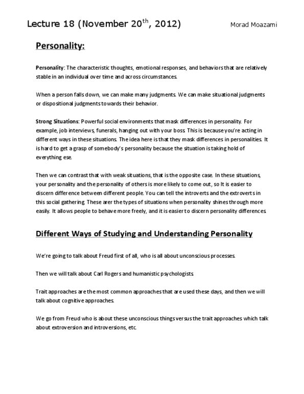 PSY100H1 Lecture Notes - Lecture 18: Nomothetic, Conscientiousness, Agreeableness thumbnail