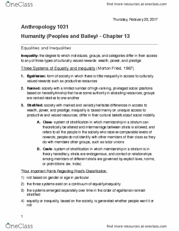ANTH 1031 Chapter Notes - Chapter 13: Proletariat, Bourgeoisie, Morton Fried thumbnail
