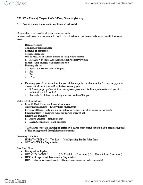 BUS 330 Lecture Notes - Lecture 5: Income Statement, Nopat, Fixed Asset thumbnail