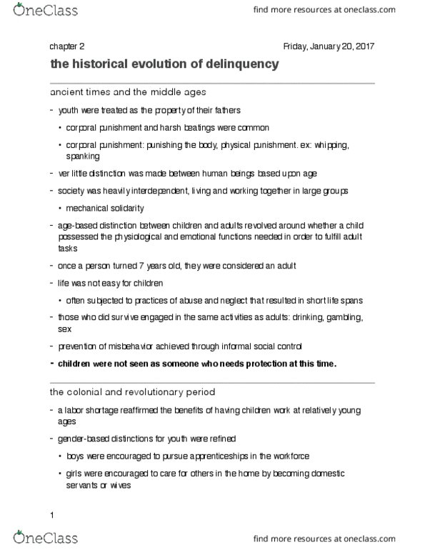 SOC 337 Chapter Notes - Chapter 2: Juvenile Delinquency, Parens Patriae, Informal Social Control thumbnail