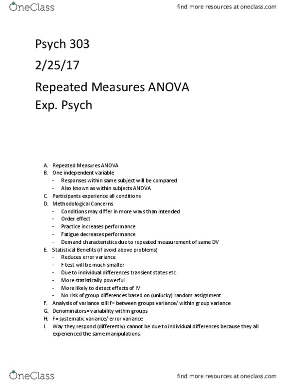 PSY 303 Lecture Notes - Lecture 25: Repeated Measures Design, Krypto, F-Test thumbnail