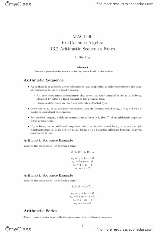 MAC1140 Lecture Notes - Lecture 24: Arithmetic Progression thumbnail