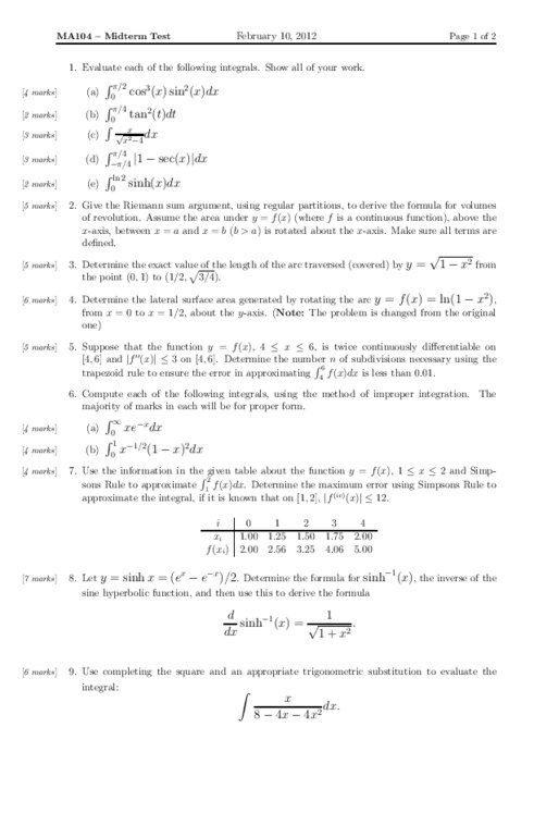MA104 Lecture Notes - Trigonometric Substitution, Hyperbolic Function, Riemann Sum thumbnail
