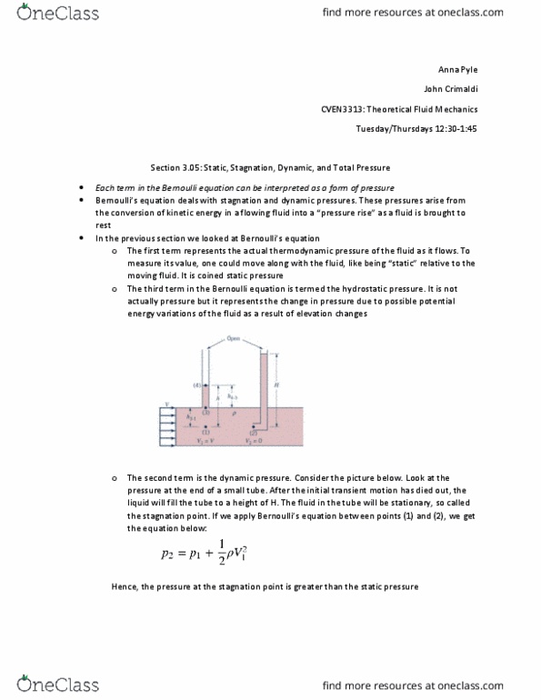 CVEN 3313 Lecture Notes - Lecture 3: Dynamic Pressure, Stagnation Pressure, Stagnation Point thumbnail