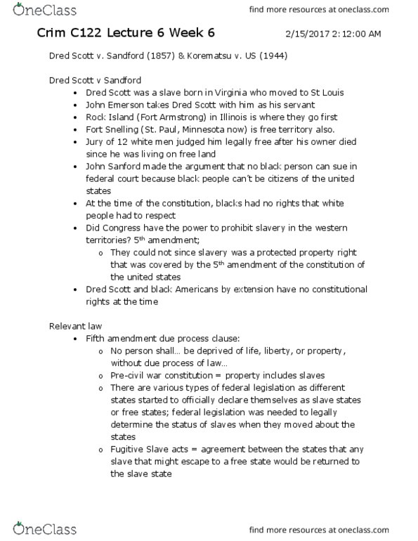 CRM/LAW C122 Lecture Notes - Lecture 6: Fugitive Slave Laws, Missouri Compromise, Korematsu V. United States thumbnail