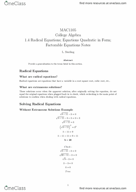 MAC1105 Lecture 4: 1.4 Radical Equations; Equations Quadratic in Form; Factorable Equations Notes thumbnail