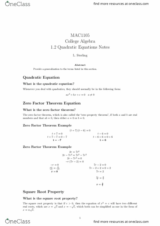 MAC1105 Lecture 2: 1.2 Quadratic Equations Notes thumbnail