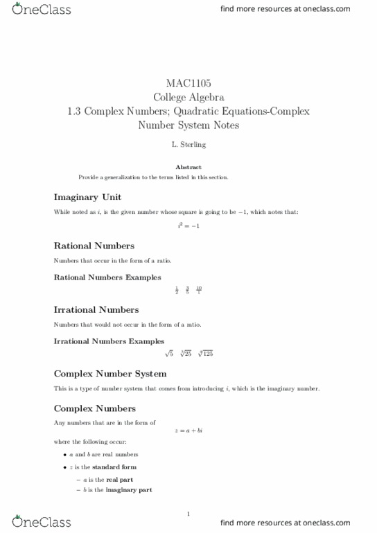 MAC1105 Lecture 3: 1.3 Complex Numbers; Quadratic Equations-Complex Number System Notes thumbnail