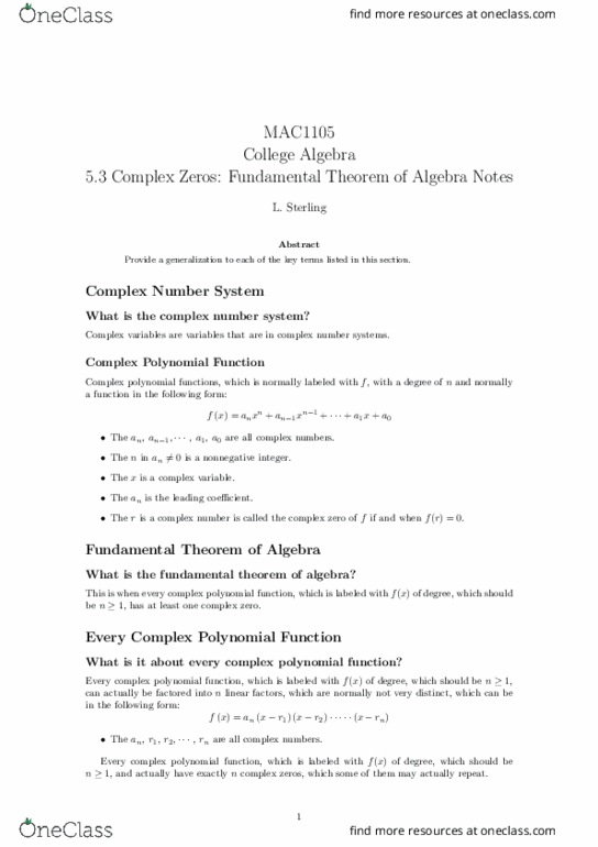 MAC1105 Lecture Notes - Lecture 19: Natural Number, Polynomial thumbnail