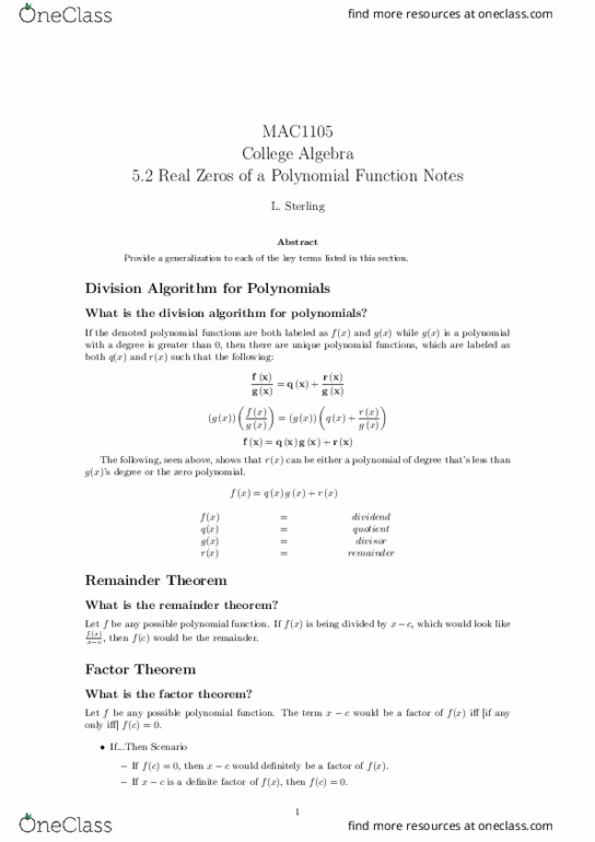 MAC1105 Lecture Notes - Lecture 18: Intermediate Value Theorem, Division Algorithm thumbnail