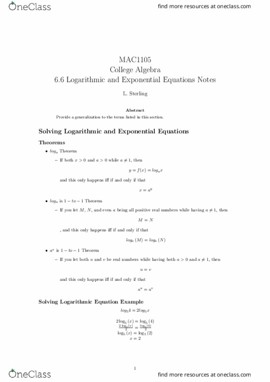 MAC1105 Lecture 26: 6.6 Logarithmic and Exponential Equations Notes thumbnail